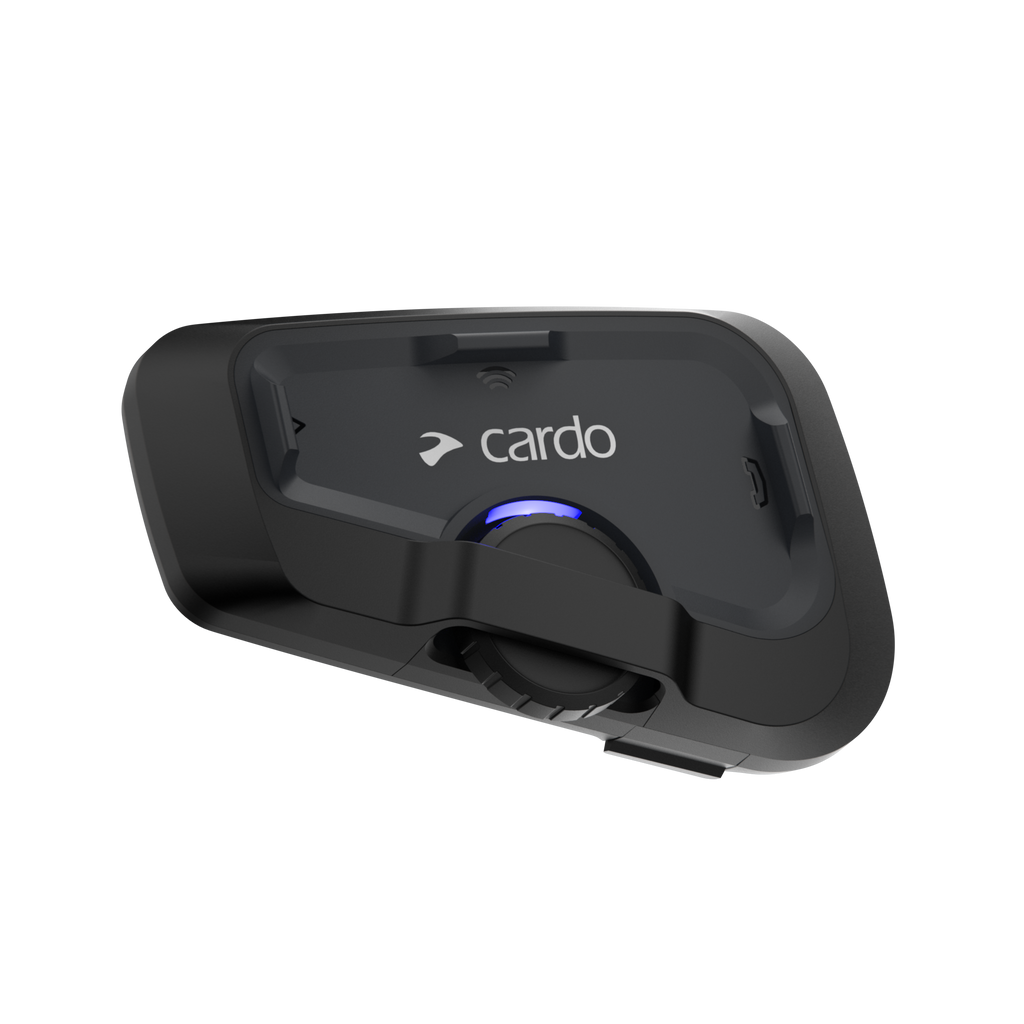 CARDO Freecom 4x Bluetooth helmet intercom with JBL speakers mounted on helmet