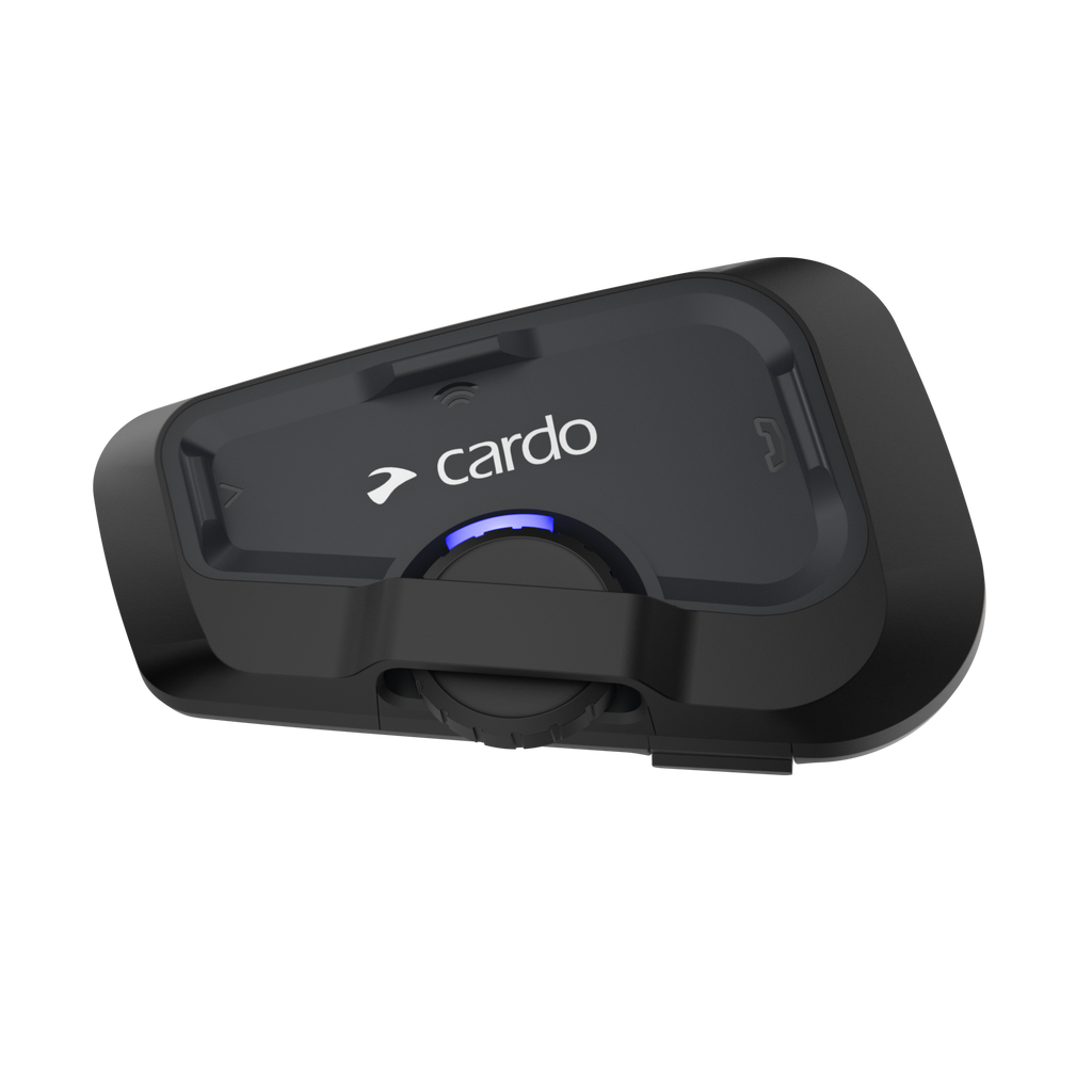 CARDO Freecom 4x Bluetooth helmet intercom with JBL speakers mounted on helmet