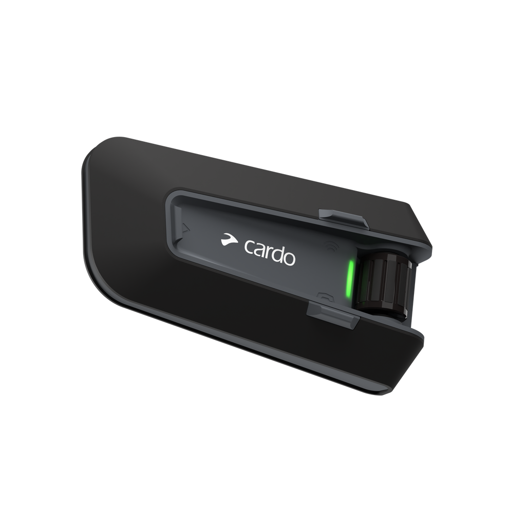 CARDO Packtalk Neo Bluetooth intercom unit mounted on helmet