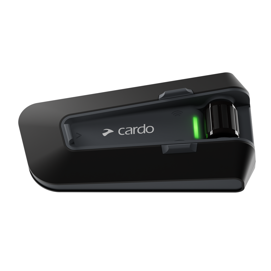 CARDO Packtalk Neo Bluetooth intercom unit mounted on helmet