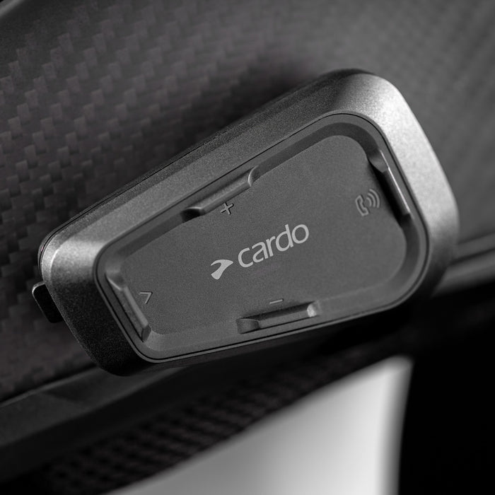 CARDO Spirit HD Bluetooth helmet intercom mounted on helmet, 40mm HD speaker visible