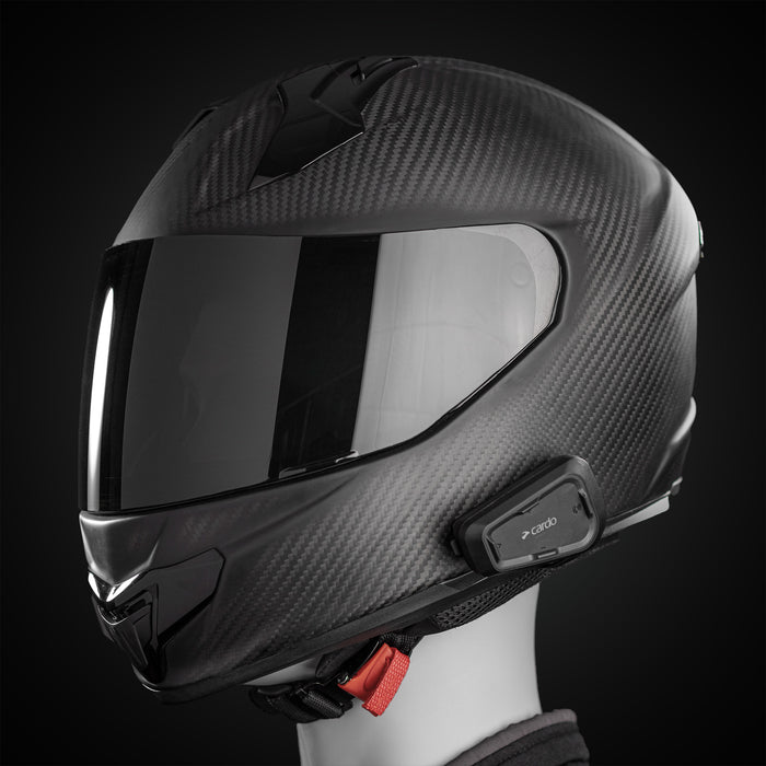 CARDO Spirit HD Bluetooth helmet intercom mounted on helmet, 40mm HD speaker visible